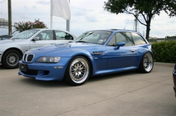 2000 BMW M Coupe in Estoril Blue Metallic over Estoril Blue & Black Nappa - Front 3/4 when it won Best BMW at the Hot Summer Night show at BMW of Houston North