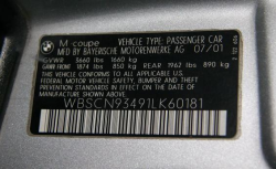 2001 BMW M Coupe in Titanium Silver Metallic over Black Nappa - VIN Tag