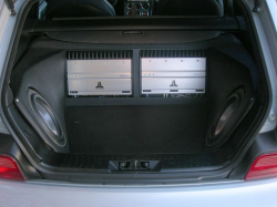 1999 BMW M Coupe in Arctic Silver Metallic over Estoril Blue & Black Nappa - Trunk with Audio Equipment