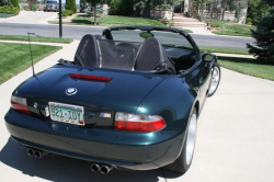 2000 BMW M Roadster in Oxford Green 2 Metallic over Black Nappa - Exhaust tips need a polish, but note the factory wind deflector! I love mine