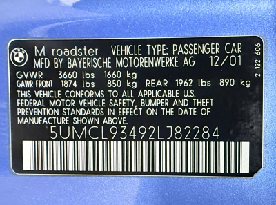 2002 BMW M Roadster in Estoril Blue Metallic over Estoril Blue & Black Nappa