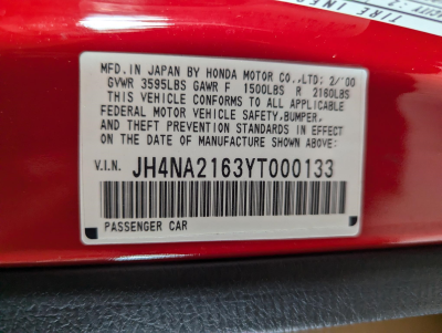 2000 Acura NSX in New Formula Red over Tan